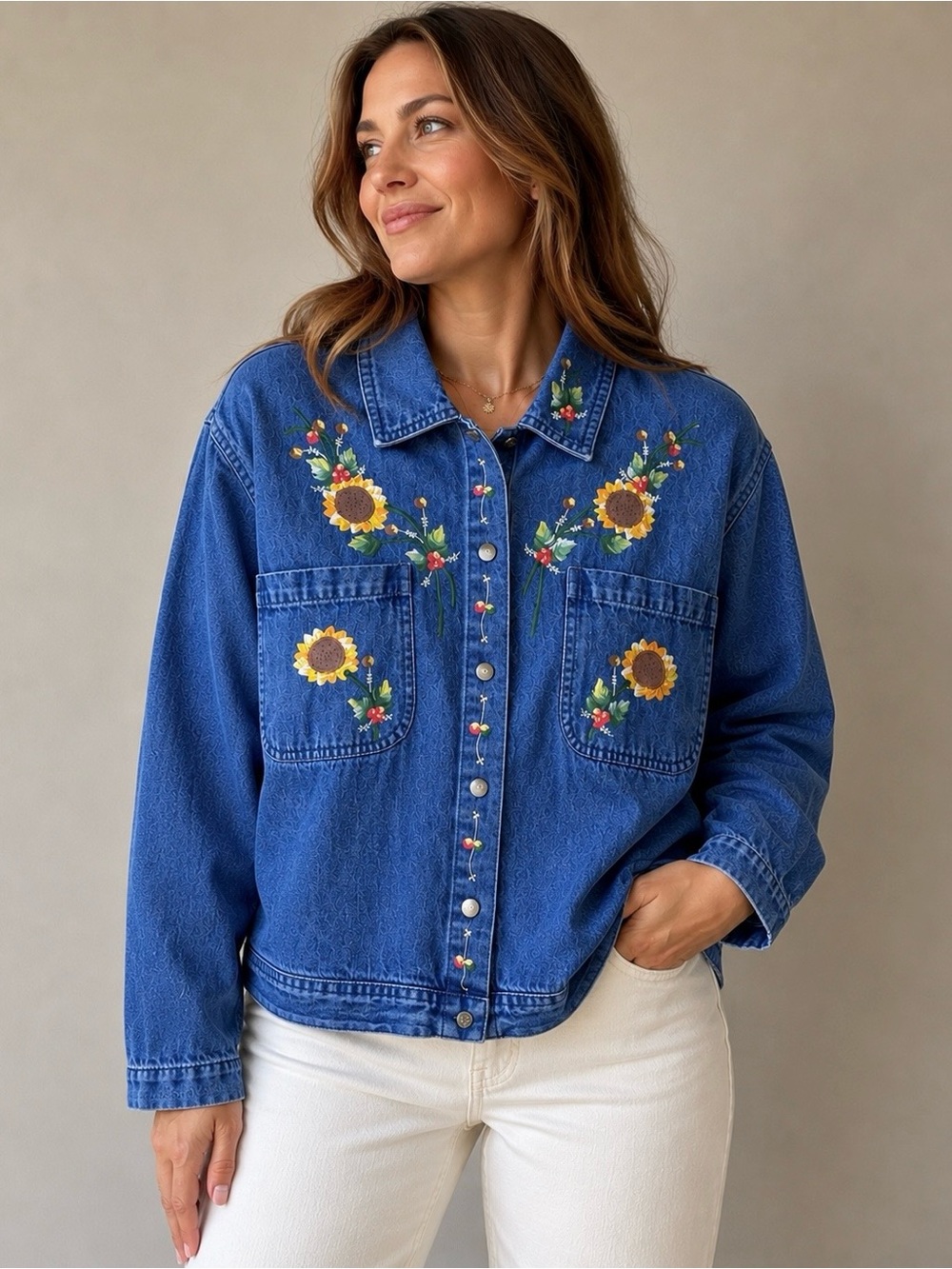 Vintage Y2K PTNY Sunflower Hand Painted Denim Jacket‎ XL